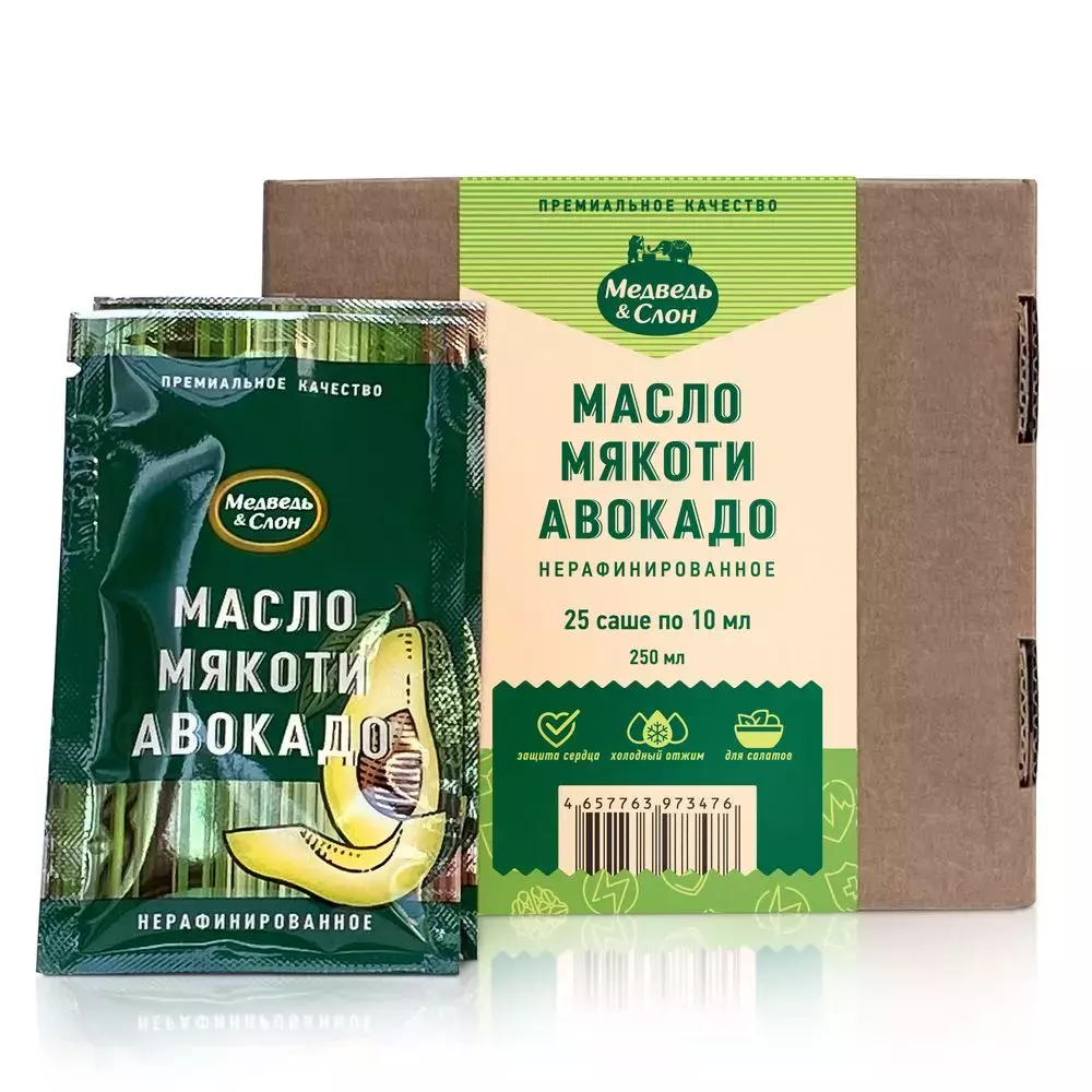 Масло мякоти авокадо Extra Virgin | 25 саше по 10мл Медведь и Слон